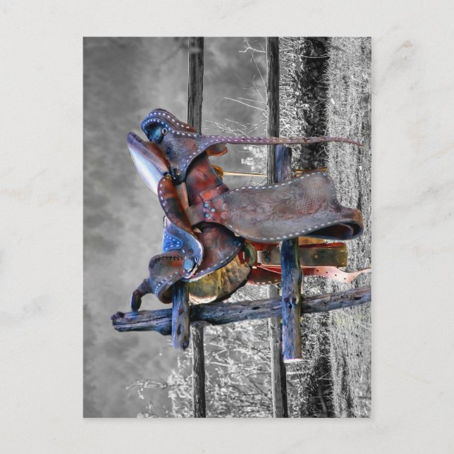 Hästsadel på korralstaketet Western Vykort (Framsida)