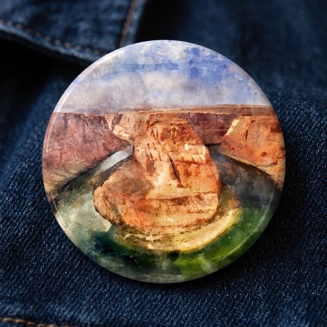 Hästsko Böj Vattenfärg Grand Canyon Landskap Knapp (Horseshoe Bend Watercolor Grand Canyon Landscape. Button)