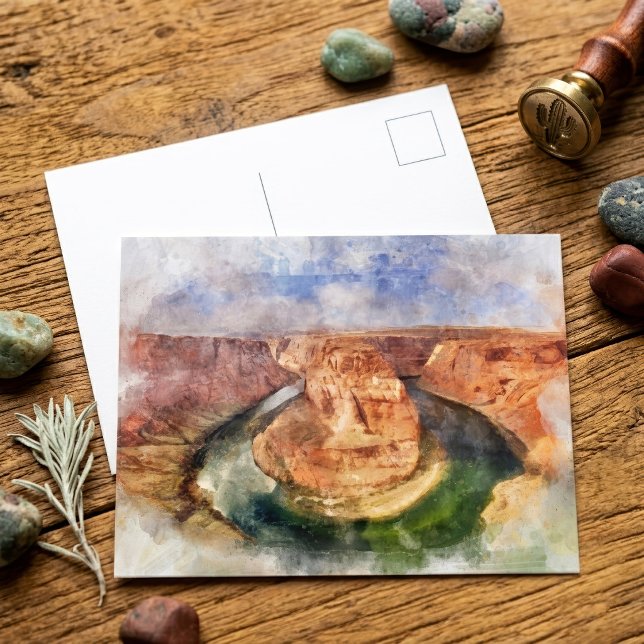 Hästsko Böj Vattenfärg Grand Canyon Landskap Vykort (Horseshoe Bend Watercolor Grand Canyon Landscape. Postcard)
