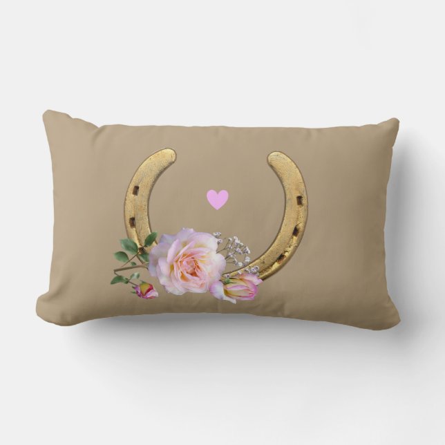 Hästsko och blommor på beige lumbarkudde (Framsida)