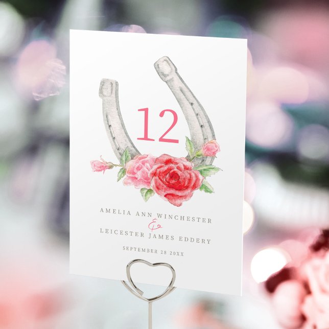 Hästsko och rosa röda rosor monogram  bordsnummer (Skapare uppladdad)