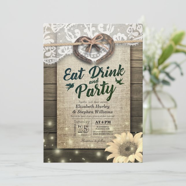 Hästsko Solros Trä EAT Drick & Party Bröllop Inbjudningar (Stående Fram)