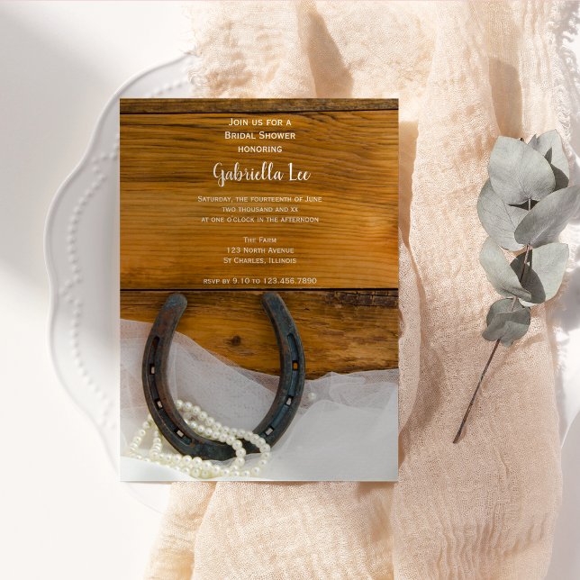 Hästskon, Pearls Barn Wood Western Möhippa Inbjudningar (Skapare uppladdad)