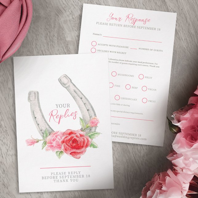 Hästskor rosor akvarell grå röd rosa bröllop OSA kort (Skapare uppladdad)