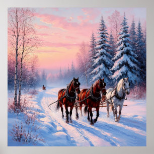 Hästslädtur genom en snöig vinter poster