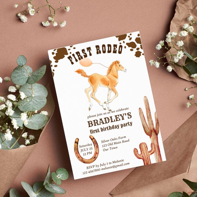 Hästtema för western födelsedagsfest vid första ro inbjudningar (First rodeo cowboy western birthday party invitation template)