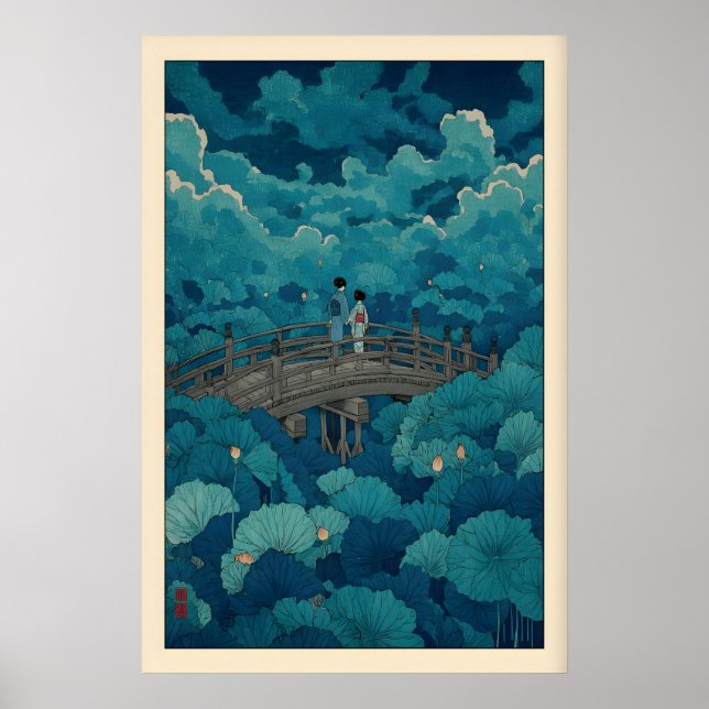 Hasui Kawase Lotusdammtryck, välvd bro Poster (Framsidan)