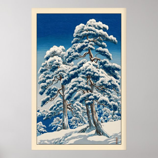 Hasui Kawase Vintertryck, Snötäckta Tallar Poster (Framsidan)