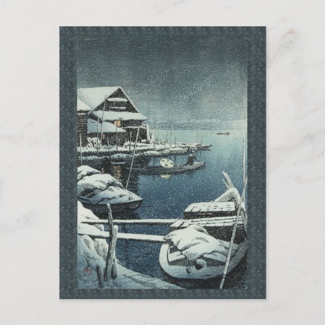 Hasui Kawase Winter Snö Sjö Scene  Vykort (Framsida)
