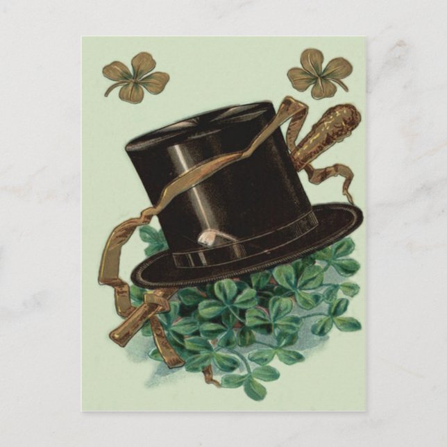 Hat Clay Pipe Shamrock Fyrklöver Shillelagh Vykort (Framsida)