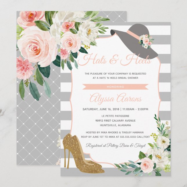 Hat & Heels Derby Möhippa Blommigt Inbjudningar (Fram/baksida)