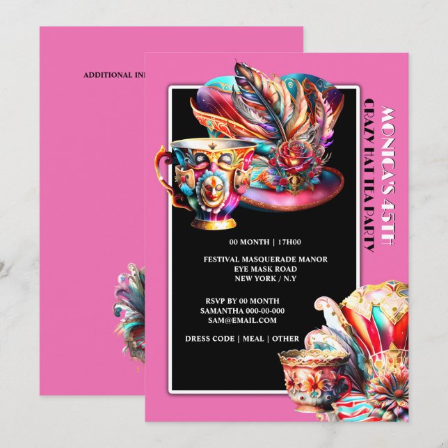 Hat tea party festival maskerad rosa av fjäder inbjudningar (Fram/baksida)