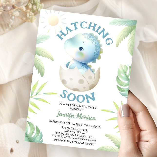 Hatching Soon Boy Dinosaur Baby Shower Inbjudningar (Skapare uppladdad)