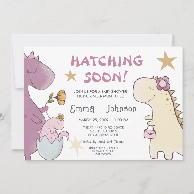 HATCHING SOON Cute Dinosaur Girl Baby Shower Inbjudningar (Framsida)