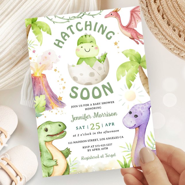 Hatching Soon Dinosaur Baby Shower Gender Neutral Inbjudningar (Skapare uppladdad)
