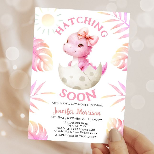 Hatching Soon Dinosaur Baby Shower Girl Pink Dino Inbjudningar (Skapare uppladdad)