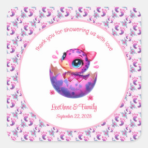 "Hatching Soon" Rosa Dinosaur Baby Shower Fyrkantigt Klistermärke