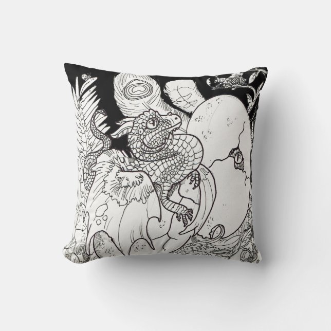 Hatchling Dragon Line Art bläck teckning Kudde (Framsida)