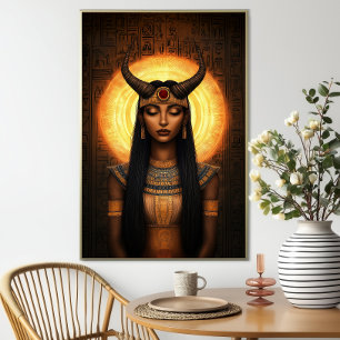Hathor Egyptian Horned Goddess Guld Brown Art Poster
