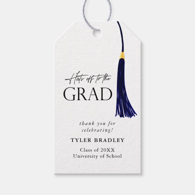 Hats av till Grad Blue & Guld Tassel Studenten Presentetikett (Framsidan)