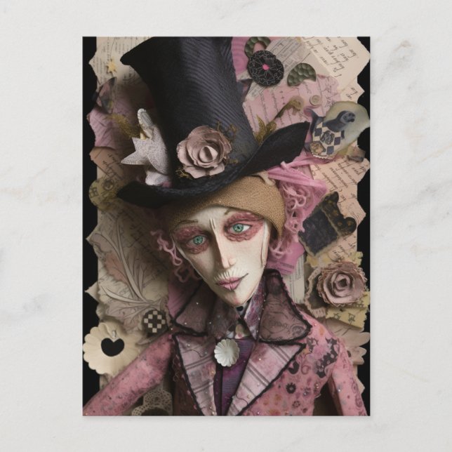 Hatters Borta Mad Mixed Media Collage Vykort (Framsida)