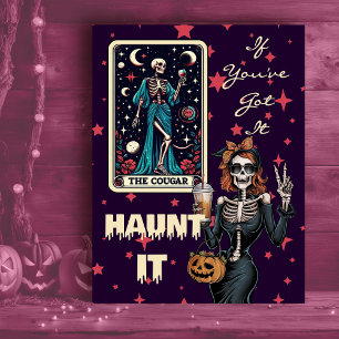 Haunt It Funny Cougar Halloween Skeleton Helg Vykort