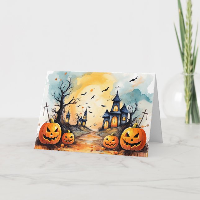 Haunted Church Jack O'Lanternes Ghost Halloween Helgkort (Framsida)