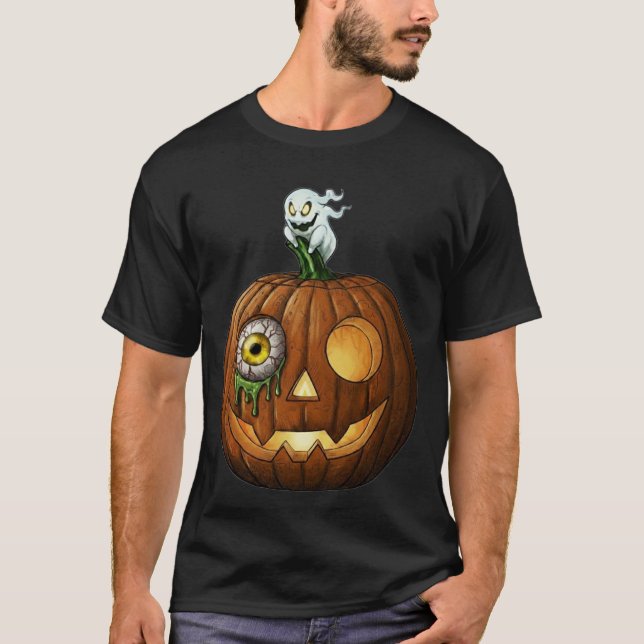 Haunted Ghost & Dripping Eyeball Jack-O-Lantern T Shirt (Framsida)
