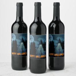 Haunted Goth Mansion Halloween Vinflaska Etikett