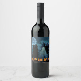 Haunted Goth Mansion Halloween Vinflaska Etikett