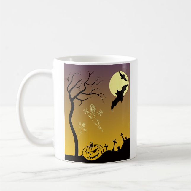 Haunted Graveyard Halloween Scene, Halloween Kaffemugg (Vänster)