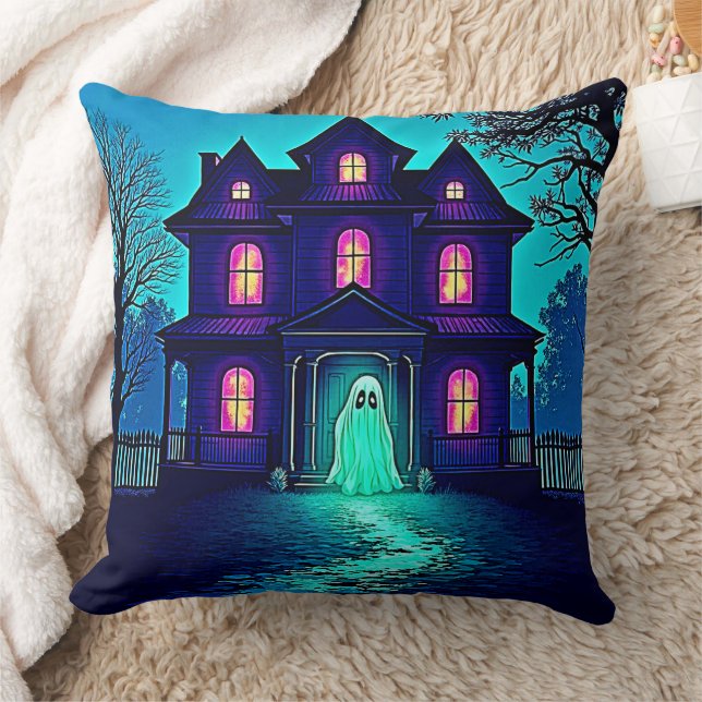 Haunted Halloween Ghost House Design Kudde (Filt)