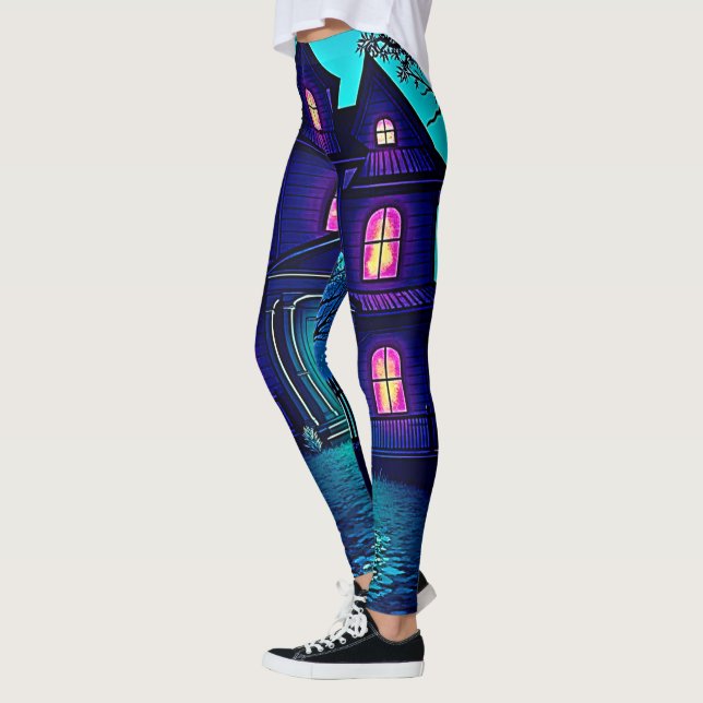 Haunted Halloween Ghost House Design Leggings (Vänster)