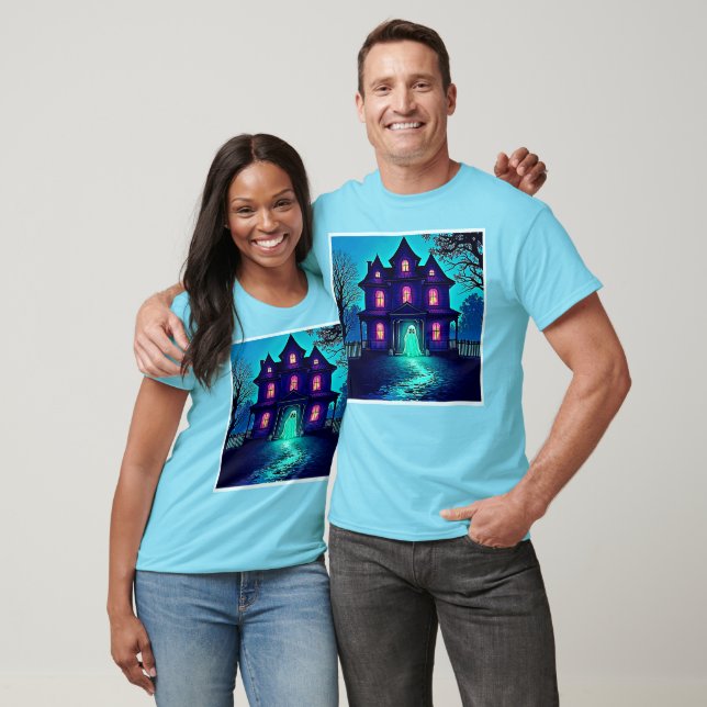 Haunted Halloween Ghost House Design T Shirt (Unisex)