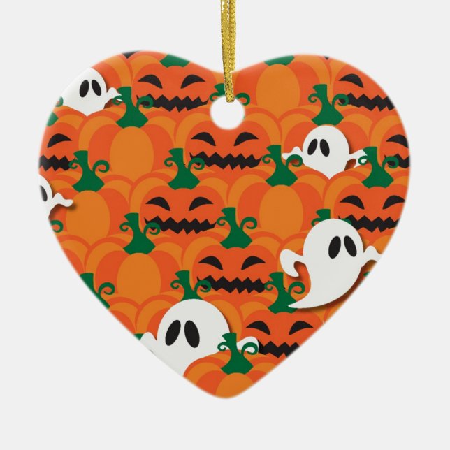 Haunted Halloween Pumpkin Patch Spöken Julgransprydnad Keramik (Framsidan)