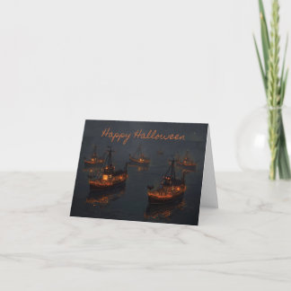 Haunted Harbour Ljus - Spooky Halloween Boat Card Tack Kort