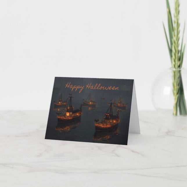 Haunted Harbour Ljus - Spooky Halloween Boat Card Tack Kort (Framsida)