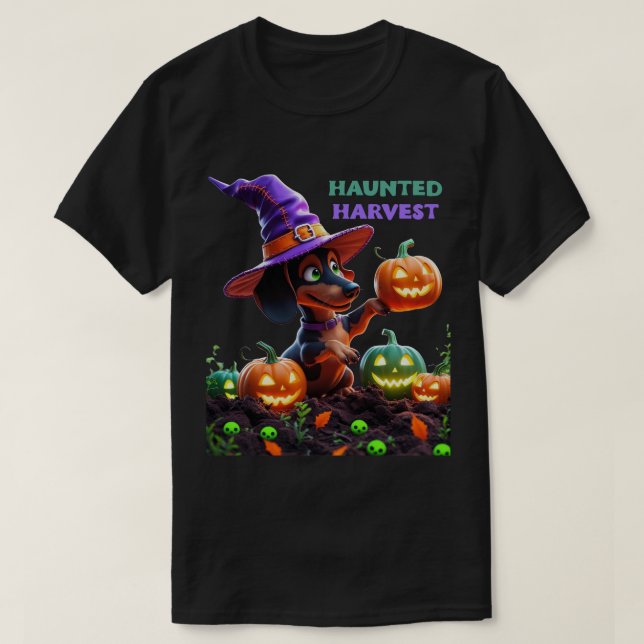 Haunted Harvest – Witchy Dachshund Halloween Garde T Shirt (Design framsida)