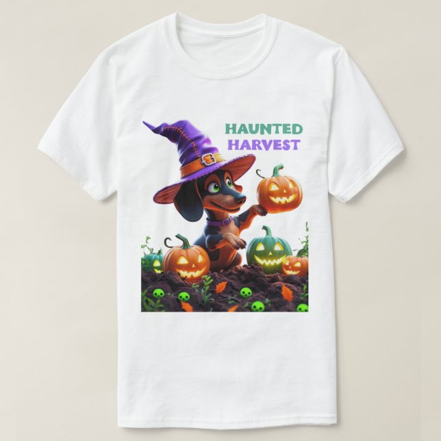 Haunted Harvest – Witchy Dachshund Halloween Garde T Shirt (Design framsida)