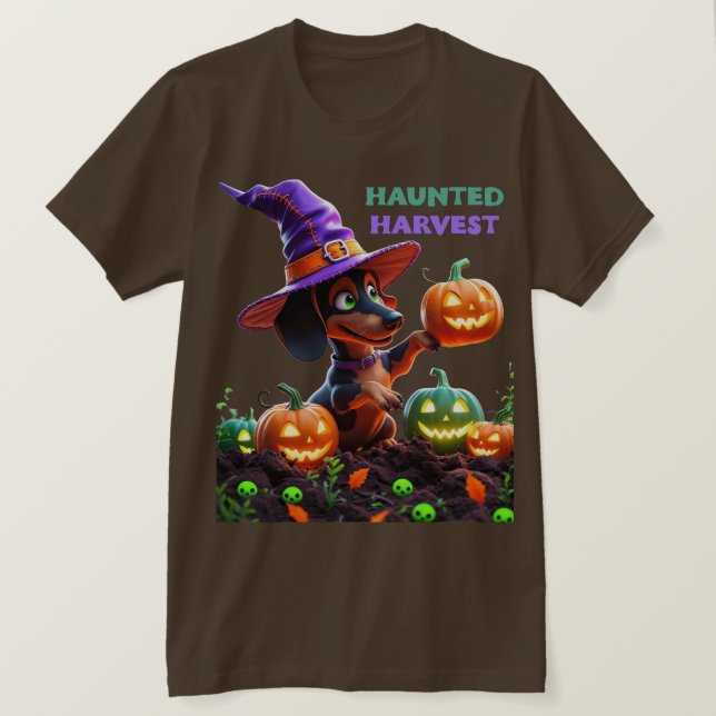 Haunted Harvest – Witchy Dachshund Halloween Garde T Shirt (Design framsida)