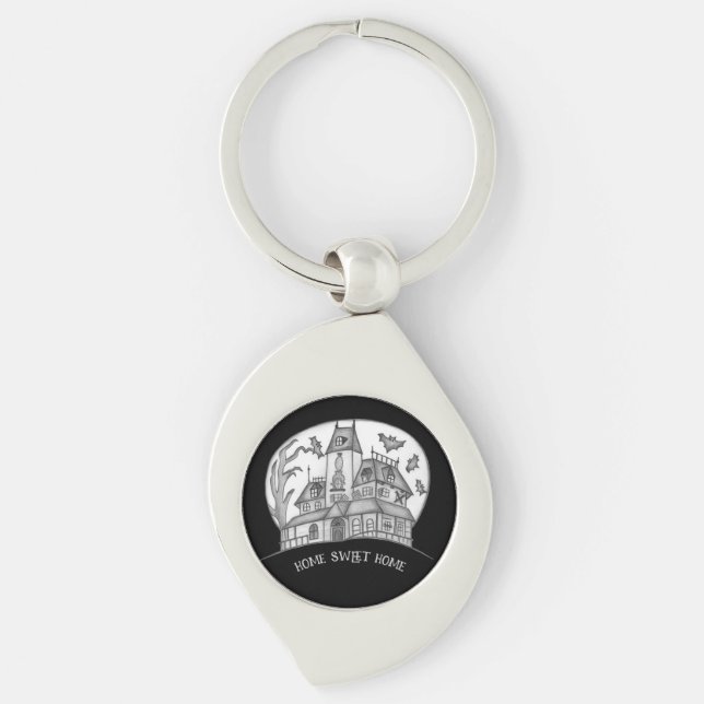 Haunted House and Bats Halloween  Swirl Silverfärgad Nyckelring (Framsidan)