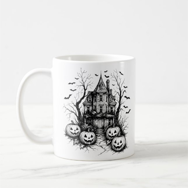 Haunted House Black and White Halloween Kaffemugg (Vänster)