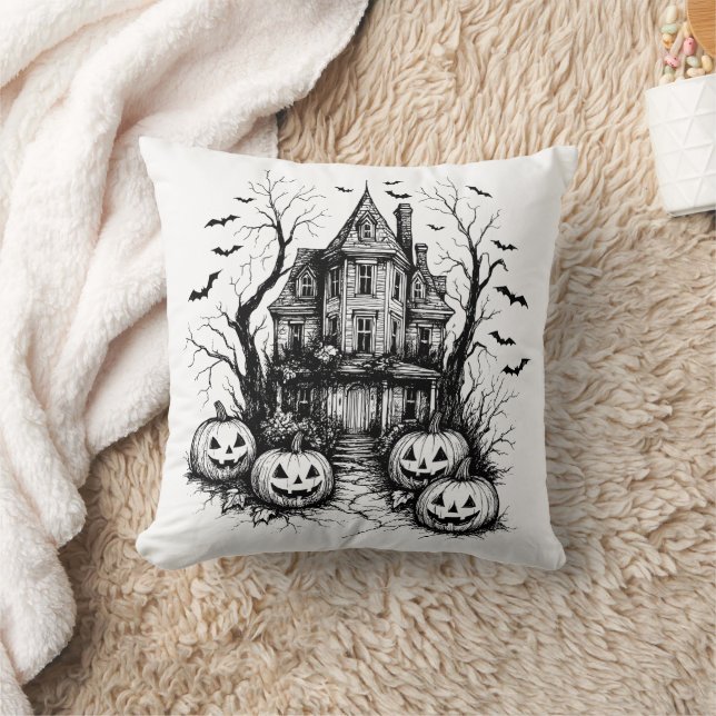 Haunted House Black and White Halloween Kudde (Filt)