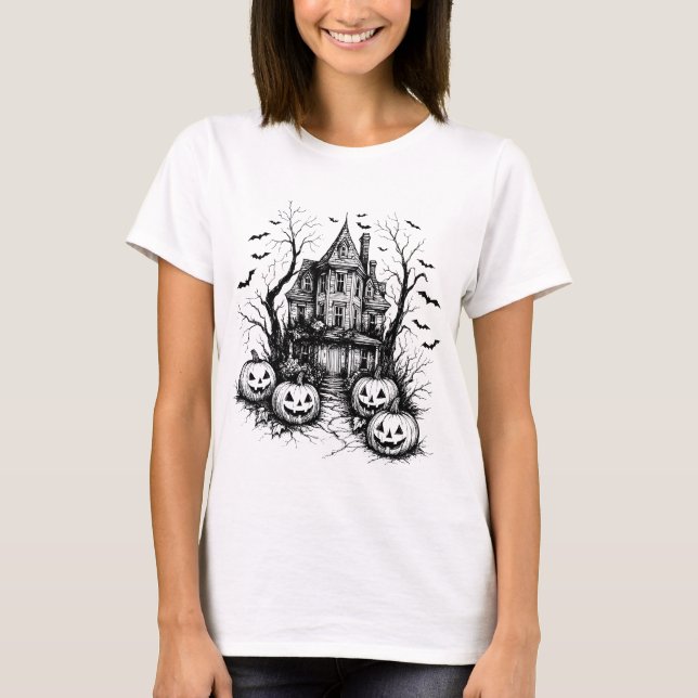 Haunted House Black and White Halloween T Shirt (Framsida)