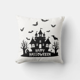 Haunted House Black & White Happy halloween Kudde