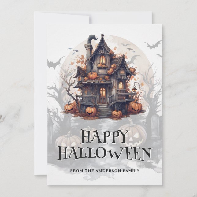 Haunted House Fladdermus Pumpkins Happy halloween Julkort (Framsida)