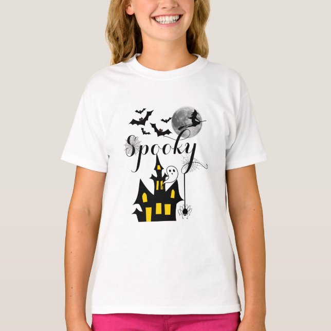 Haunted House Flies Witch Spooky Halloween T Shirt (Framsida)