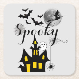 Haunted House Flies Witch Spooky Halloween Underlägg Papper Kvadrat