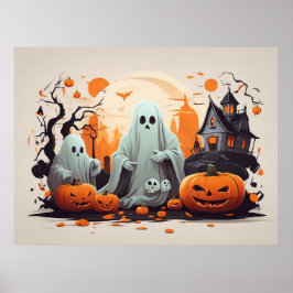Haunted House, Ghost och Pumpkins Halloween Poster