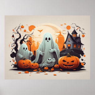 Haunted House, Ghost och Pumpkins Halloween Poster